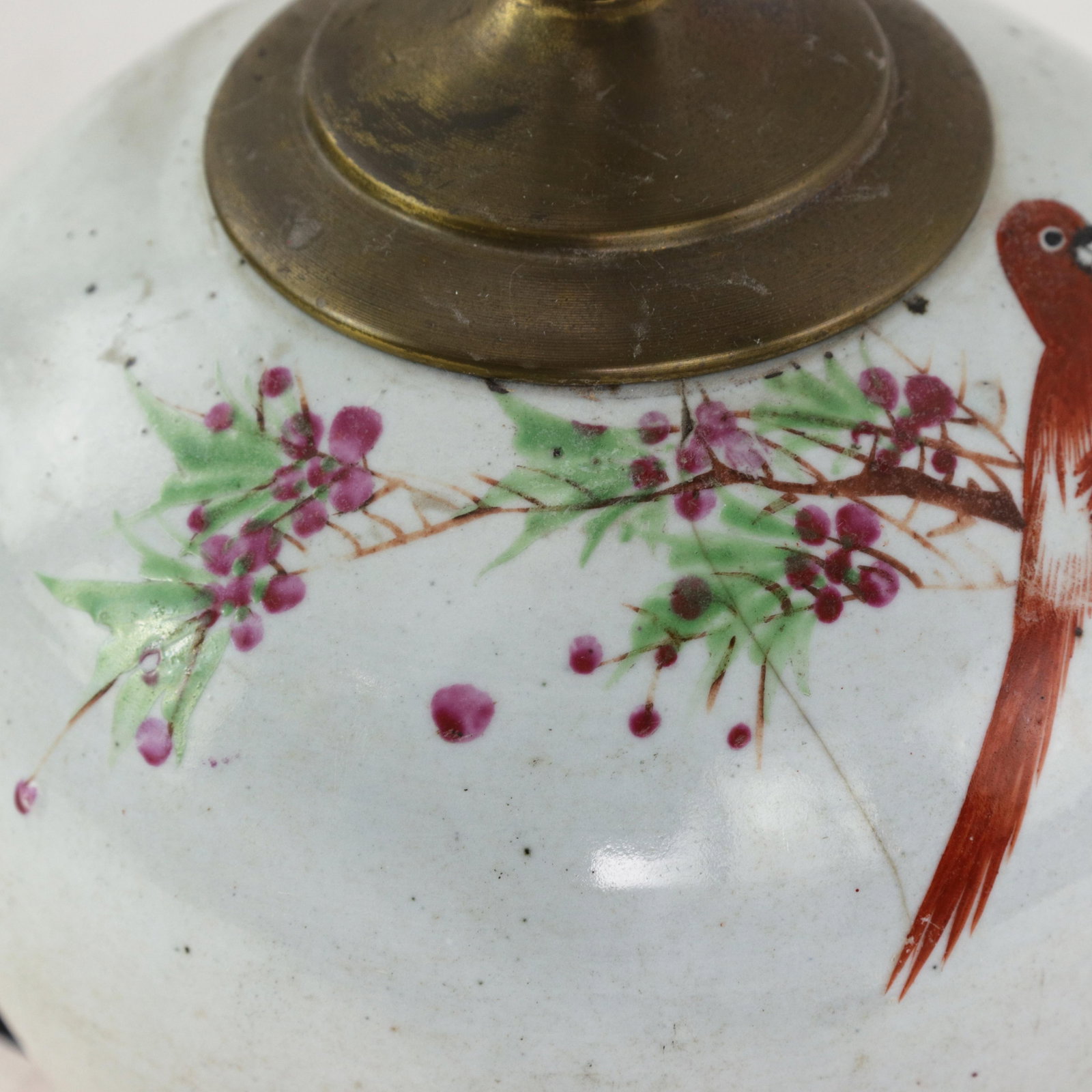 Famille Rose Antique Porcelain Vase Table Lamp With Bird and Peony Motif on Wood Base - 11