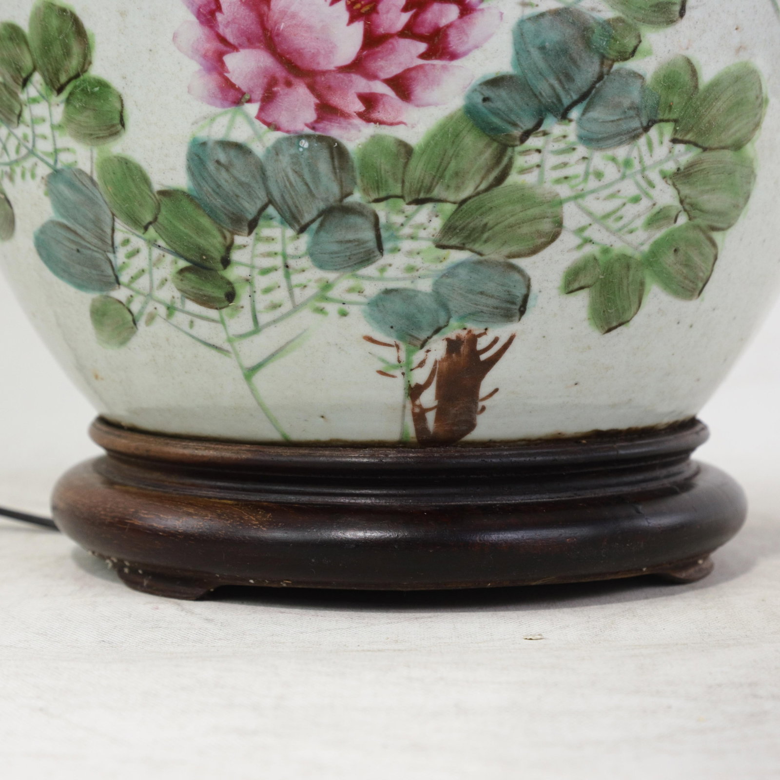 Famille Rose Antique Porcelain Vase Table Lamp With Bird and Peony Motif on Wood Base - 12