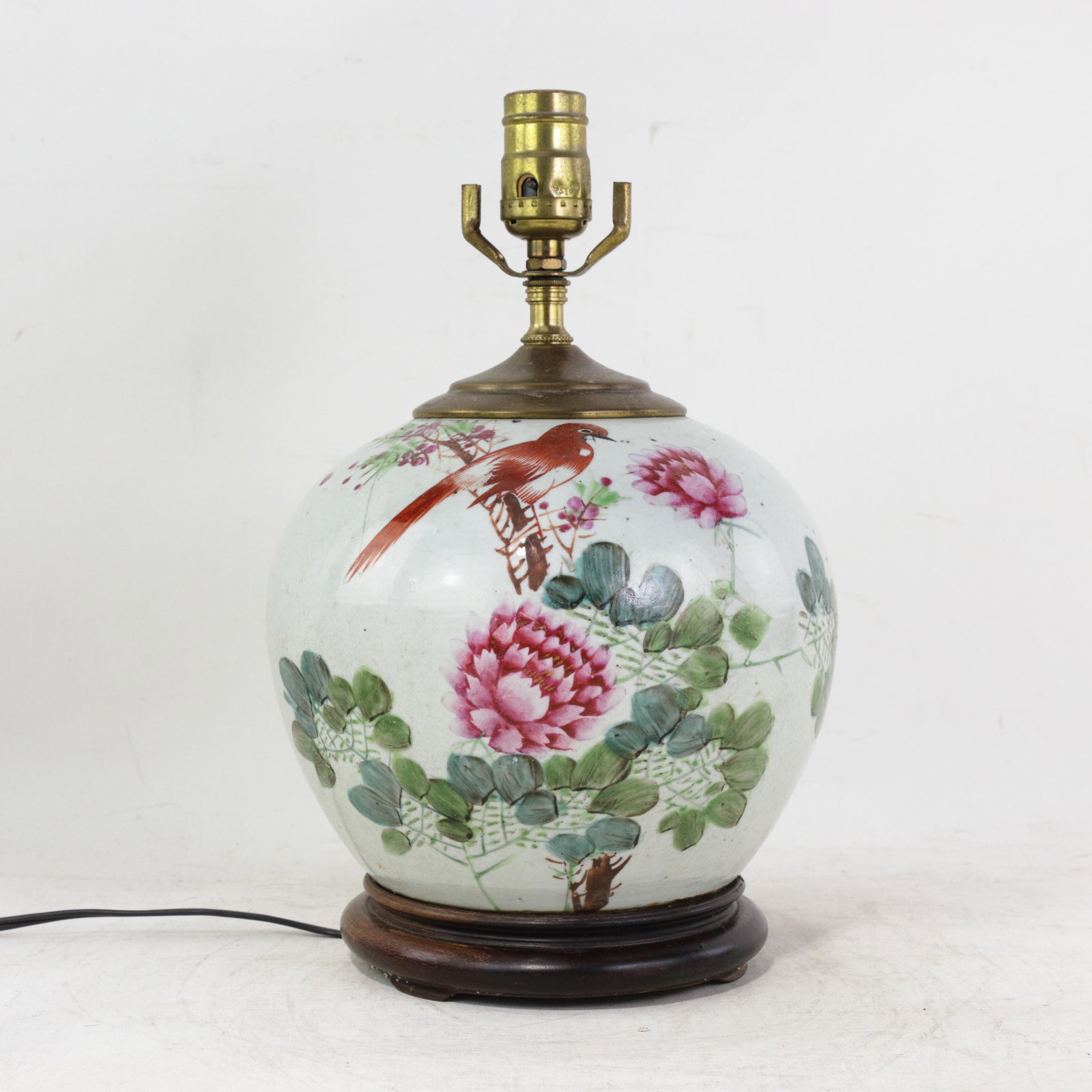 Famille Rose Antique Porcelain Vase Table Lamp With Bird and Peony Motif on Wood Base - 13