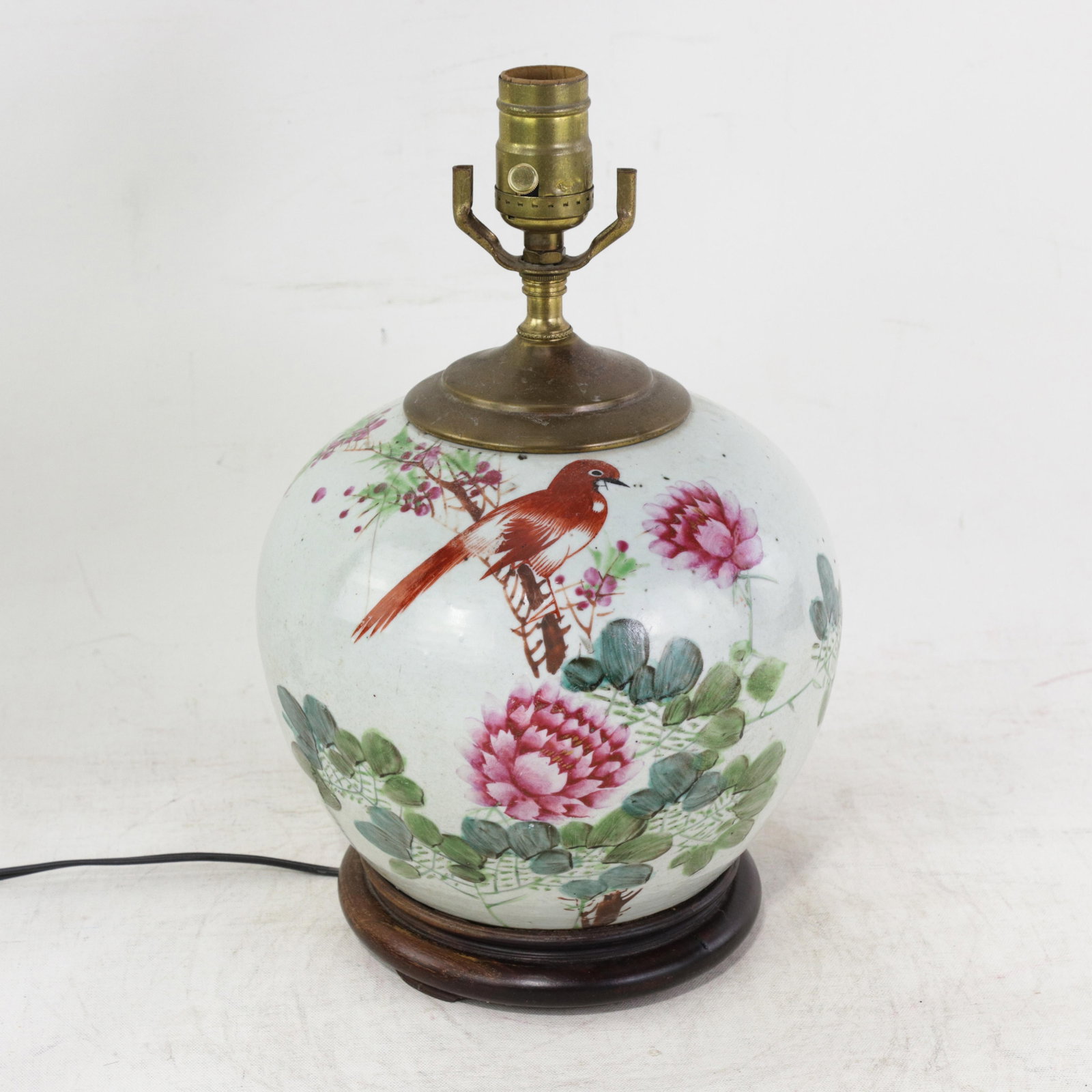 Famille Rose Antique Porcelain Vase Table Lamp With Bird and Peony Motif on Wood Base - 2