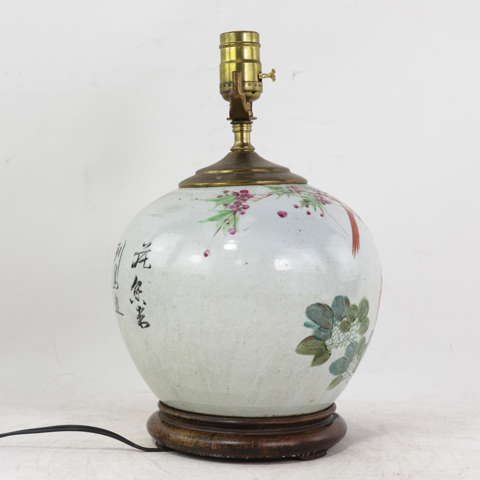 Famille Rose Antique Porcelain Vase Table Lamp With Bird and Peony Motif on Wood Base - 3