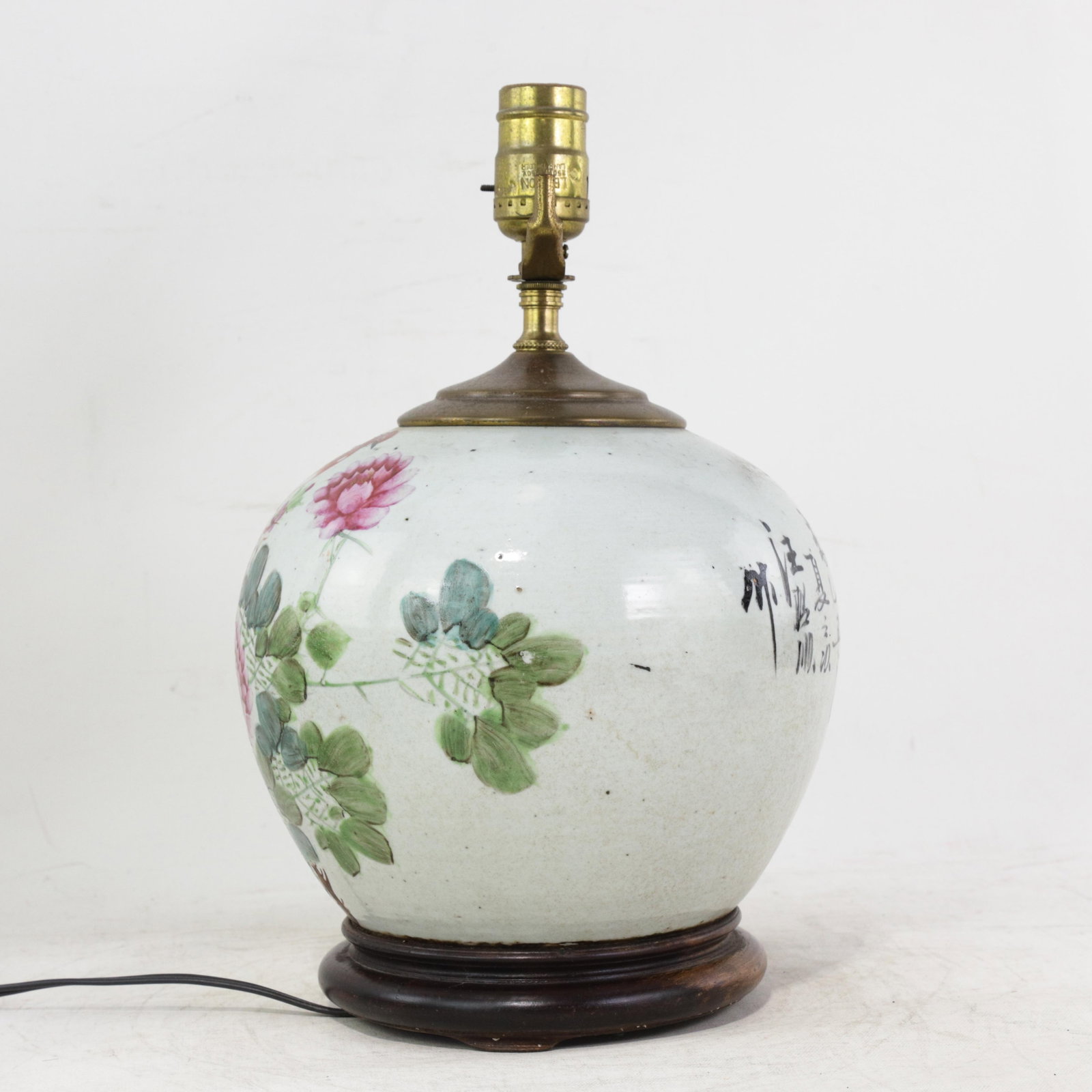 Famille Rose Antique Porcelain Vase Table Lamp With Bird and Peony Motif on Wood Base - 5