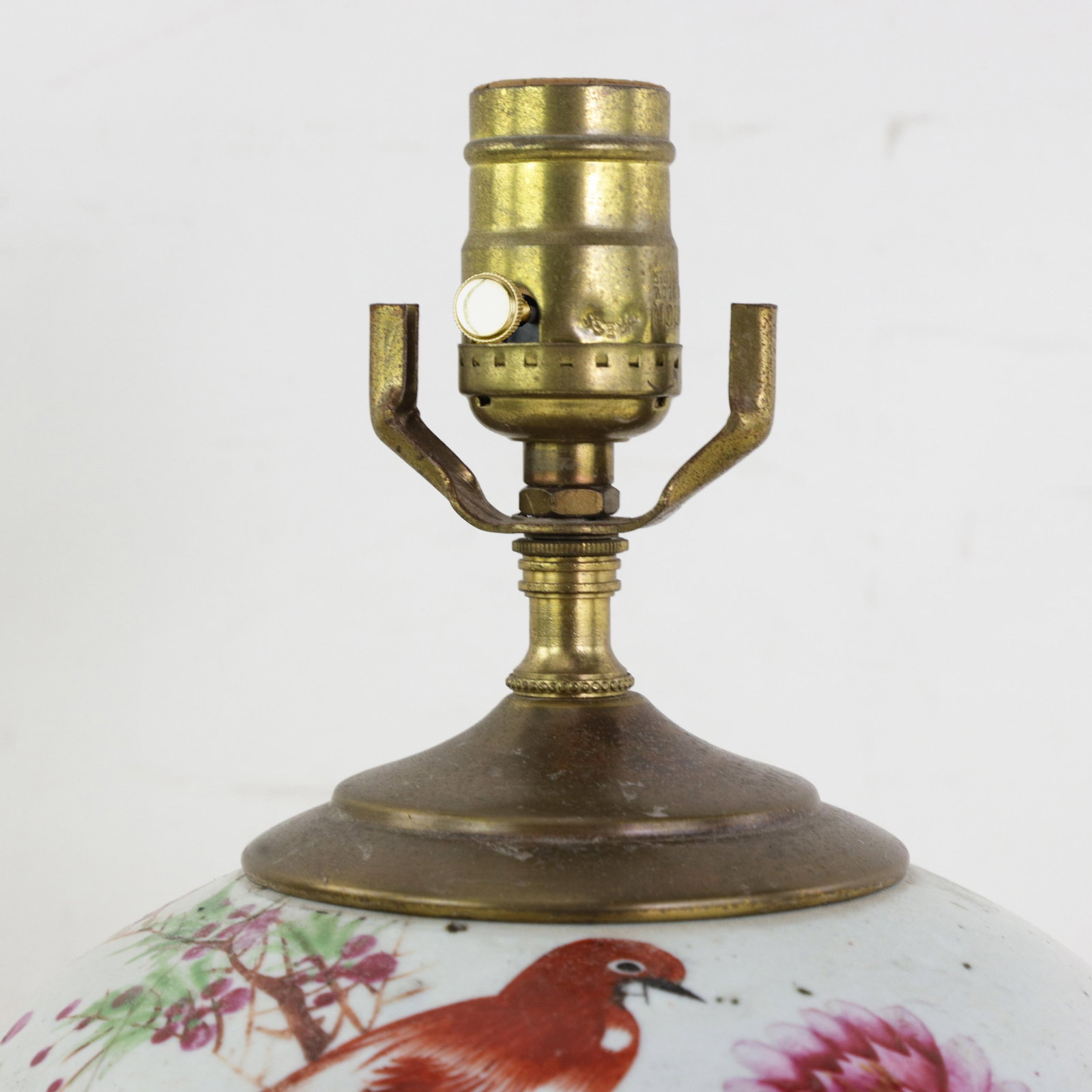 Famille Rose Antique Porcelain Vase Table Lamp With Bird and Peony Motif on Wood Base - 6