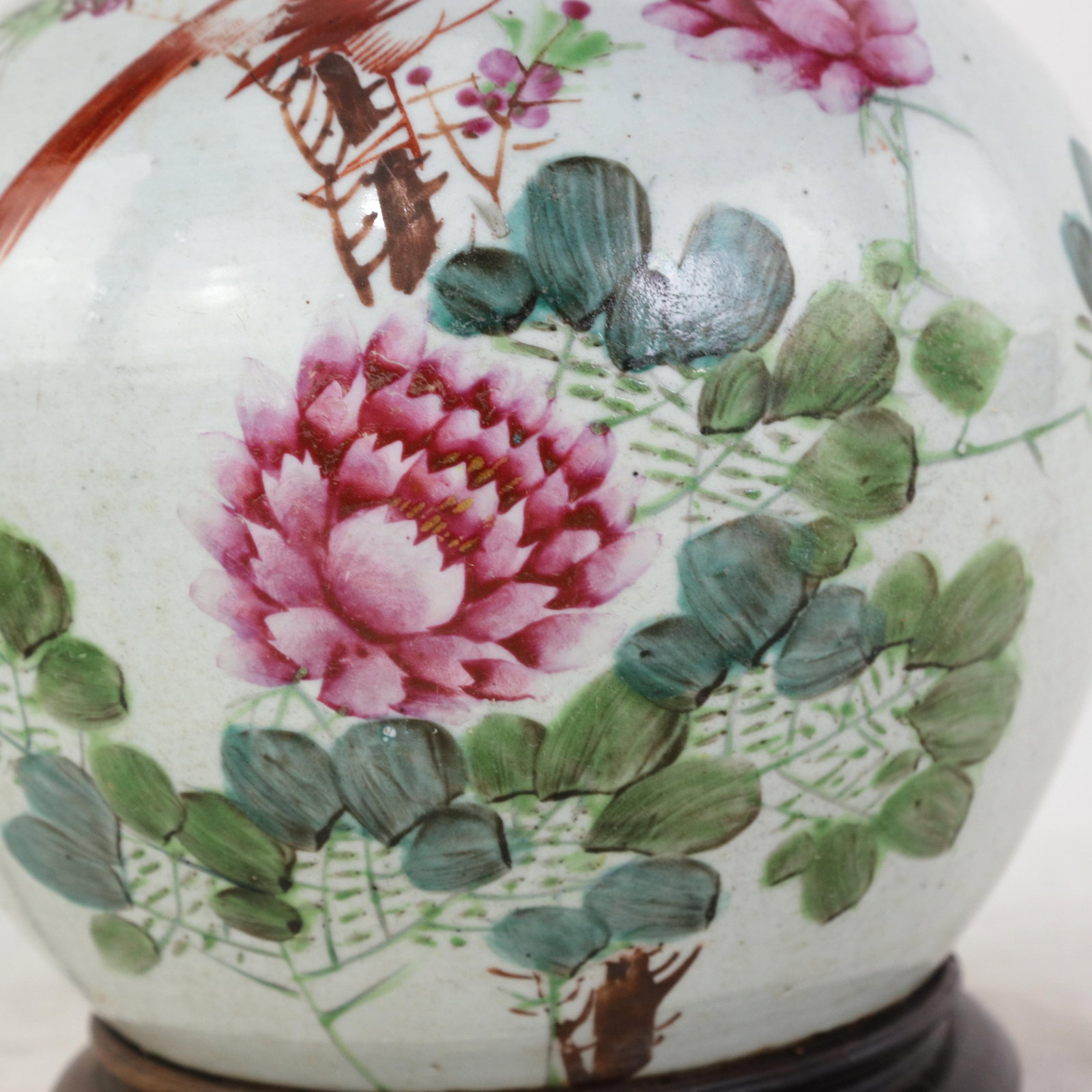 Famille Rose Antique Porcelain Vase Table Lamp With Bird and Peony Motif on Wood Base - 8