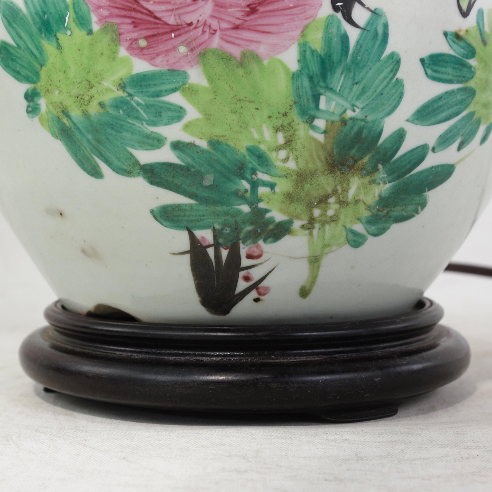 Famille Rose Antique Porcelain Vase Lamp With Bird and Floral Motif on Wood Base - 10