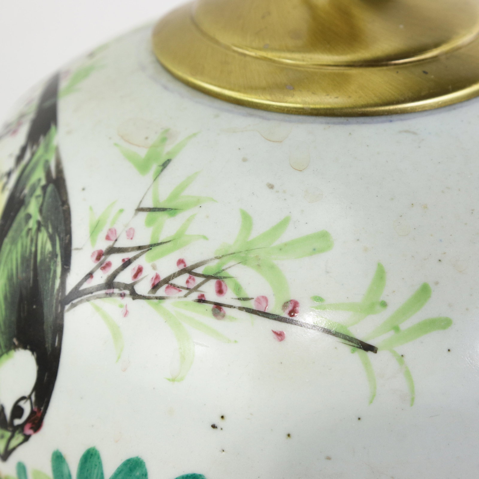Famille Rose Antique Porcelain Vase Lamp With Bird and Floral Motif on Wood Base - 13