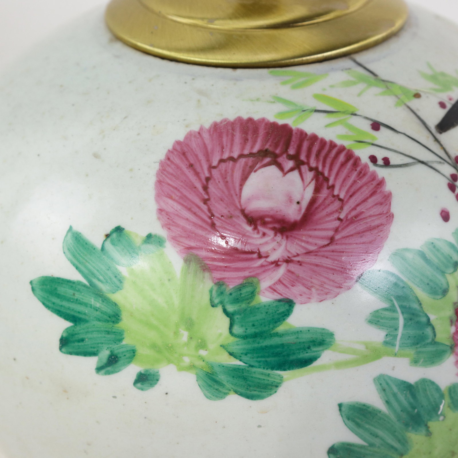 Famille Rose Antique Porcelain Vase Lamp With Bird and Floral Motif on Wood Base - 14