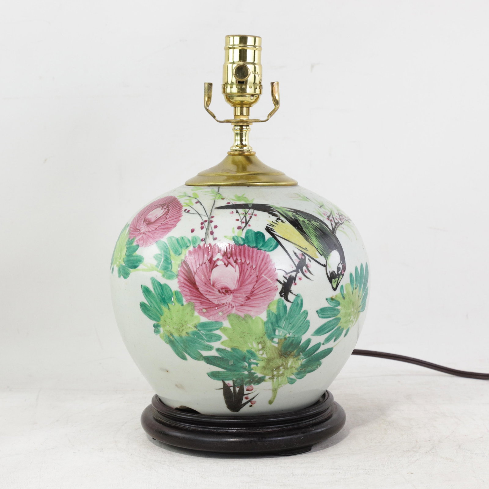 Famille Rose Antique Porcelain Vase Lamp With Bird and Floral Motif on Wood Base - 15