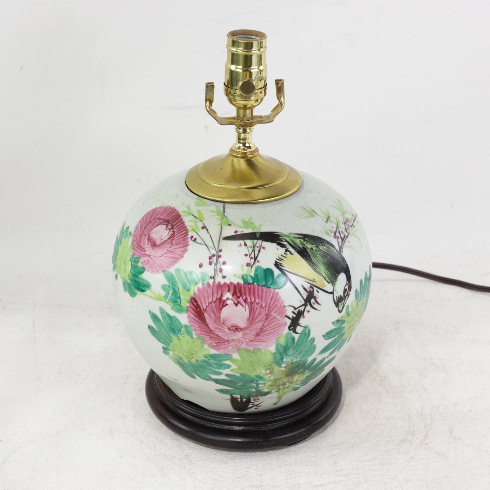 Famille Rose Antique Porcelain Vase Lamp With Bird and Floral Motif on Wood Base - 2