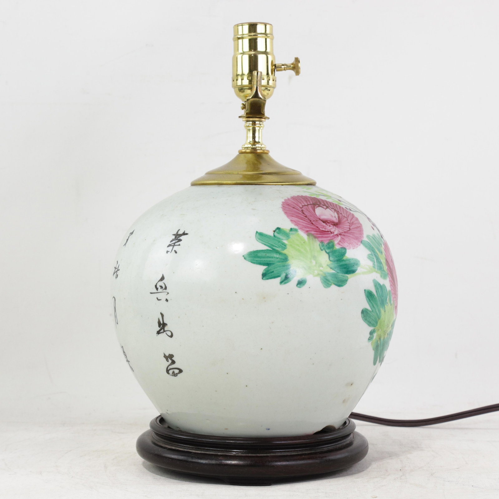 Famille Rose Antique Porcelain Vase Lamp With Bird and Floral Motif on Wood Base - 5