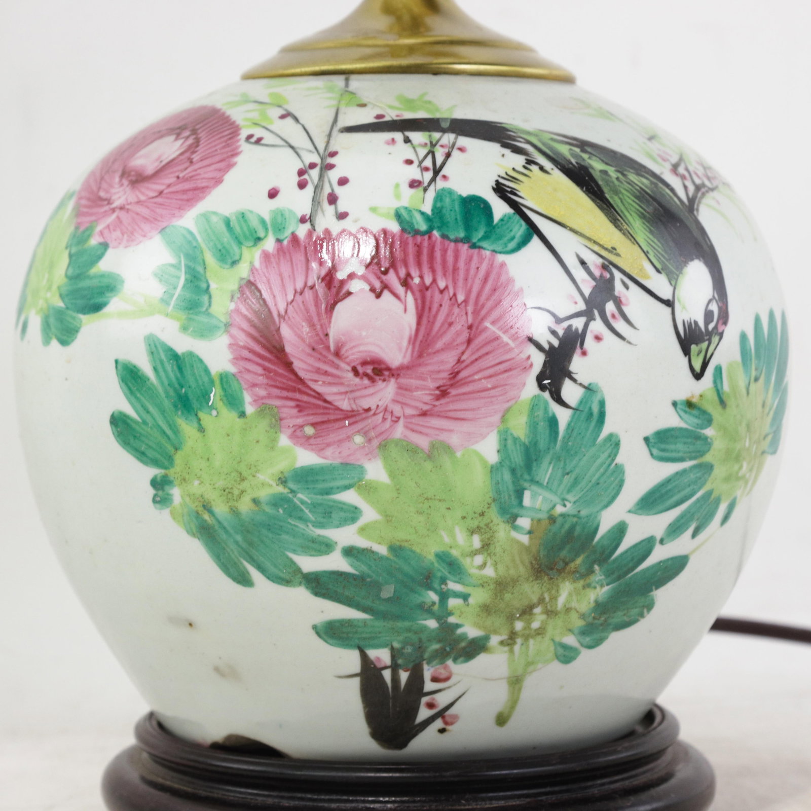 Famille Rose Antique Porcelain Vase Lamp With Bird and Floral Motif on Wood Base - 6