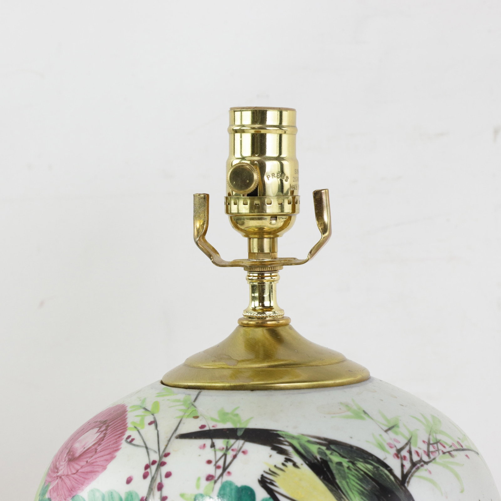 Famille Rose Antique Porcelain Vase Lamp With Bird and Floral Motif on Wood Base - 8