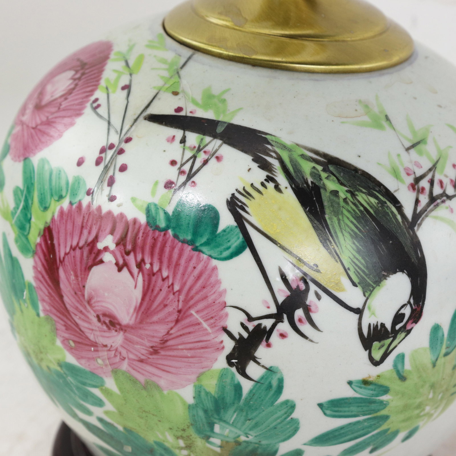 Famille Rose Antique Porcelain Vase Lamp With Bird and Floral Motif on Wood Base - 9