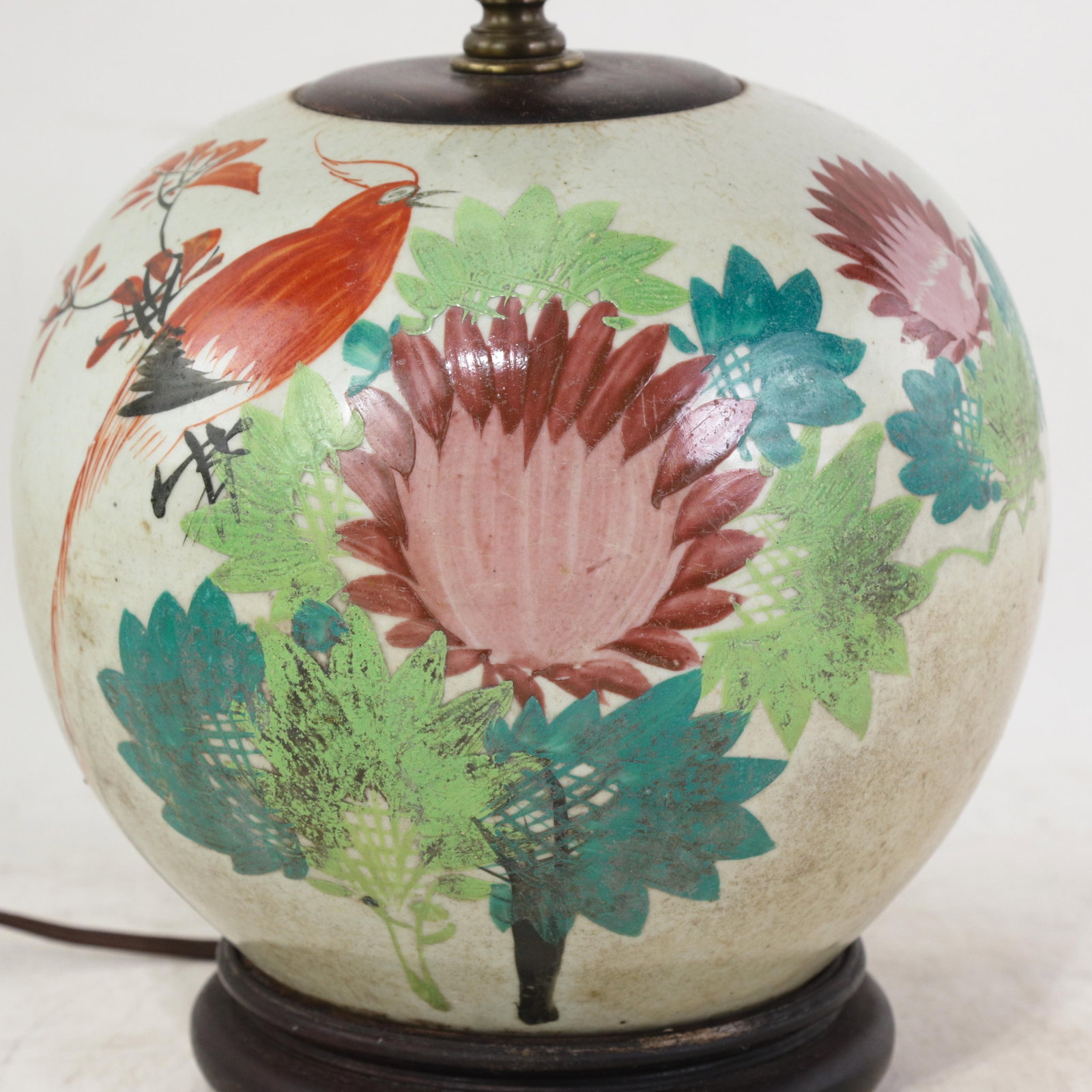 Famille Rose Antique Porcelain Vase Lamp With Bird and Floral Motif on Wood Base - 11