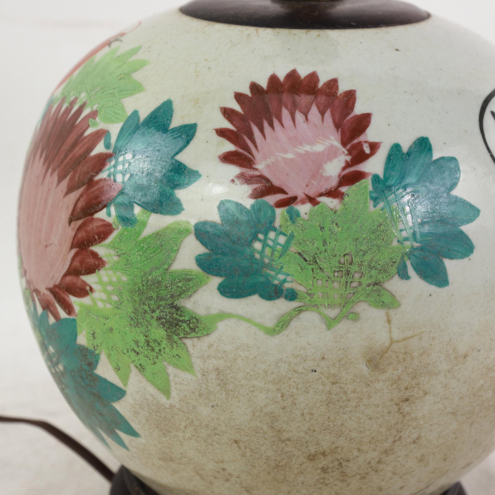 Famille Rose Antique Porcelain Vase Lamp With Bird and Floral Motif on Wood Base - 12