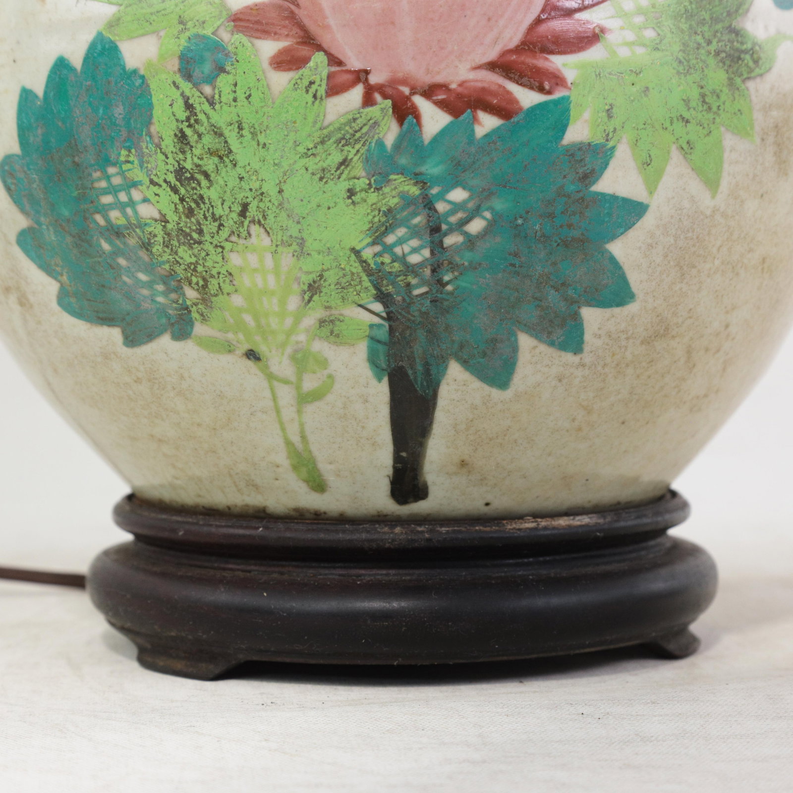 Famille Rose Antique Porcelain Vase Lamp With Bird and Floral Motif on Wood Base - 15