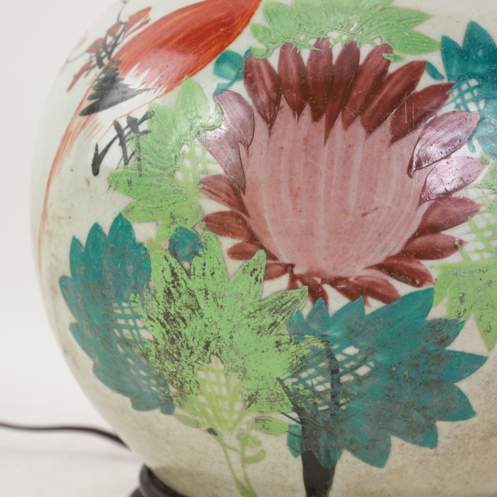 Famille Rose Antique Porcelain Vase Lamp With Bird and Floral Motif on Wood Base - 16