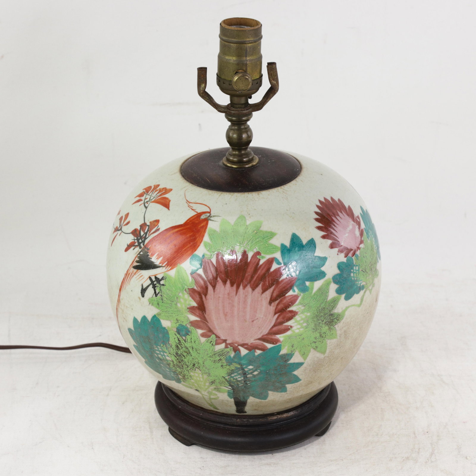 Famille Rose Antique Porcelain Vase Lamp With Bird and Floral Motif on Wood Base - 2