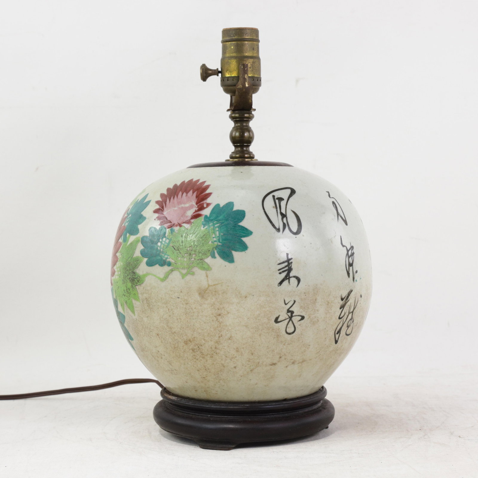 Famille Rose Antique Porcelain Vase Lamp With Bird and Floral Motif on Wood Base - 5