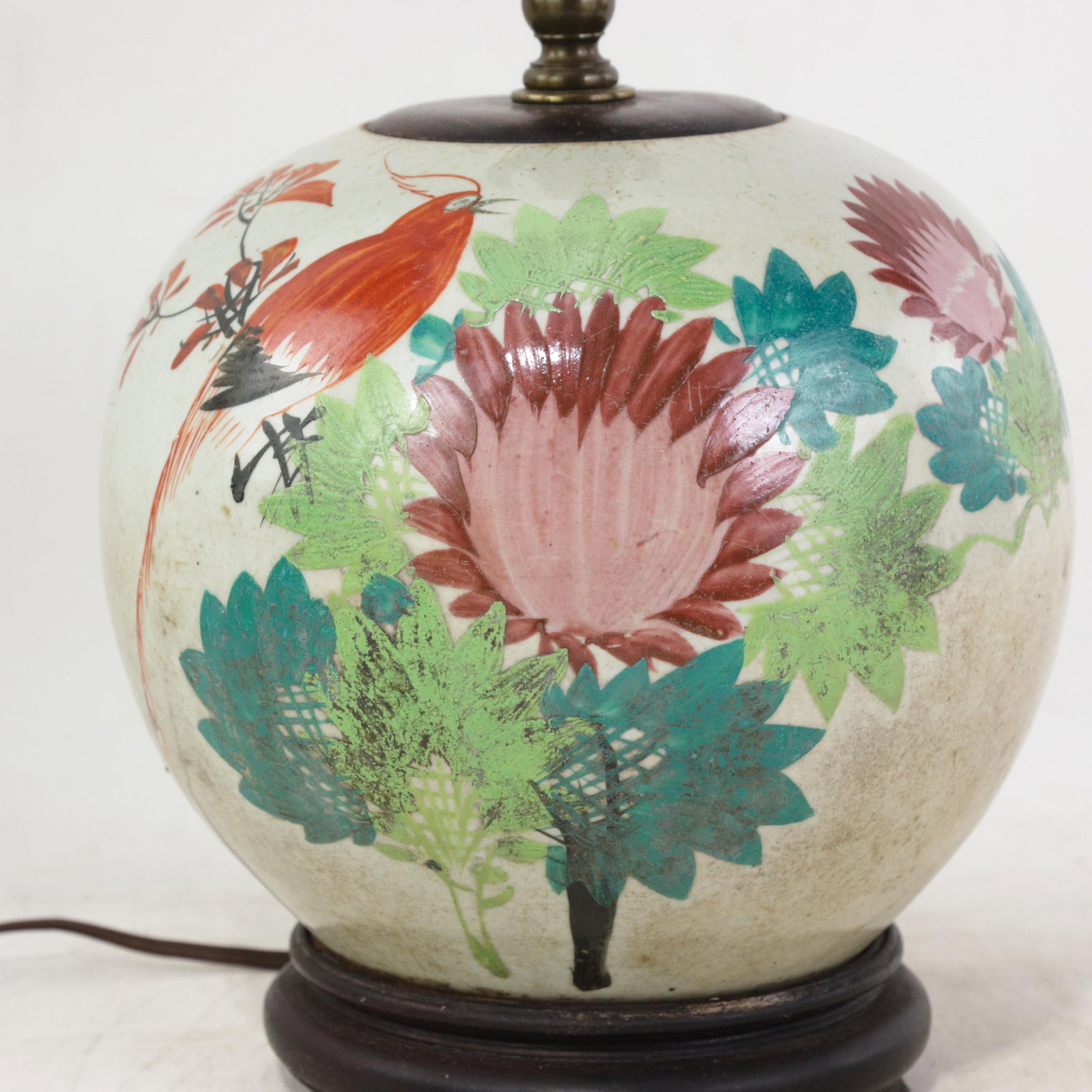 Famille Rose Antique Porcelain Vase Lamp With Bird and Floral Motif on Wood Base - 6