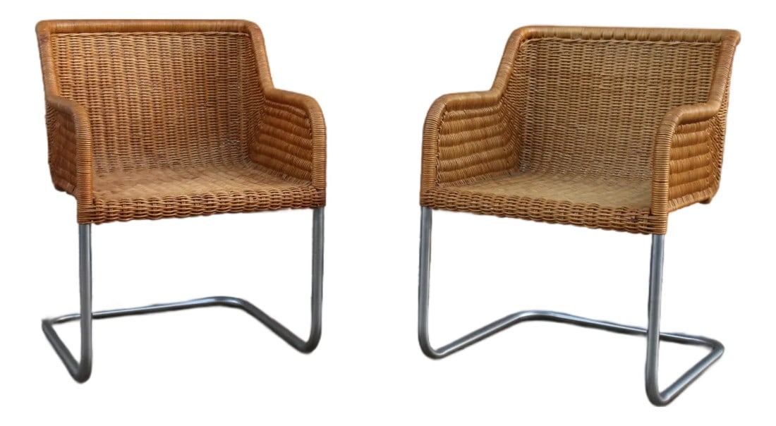 Pair of Vintage Harvey Probber Model D43 Wicker Cantilever Armchairs, 1970s (1 of 17)