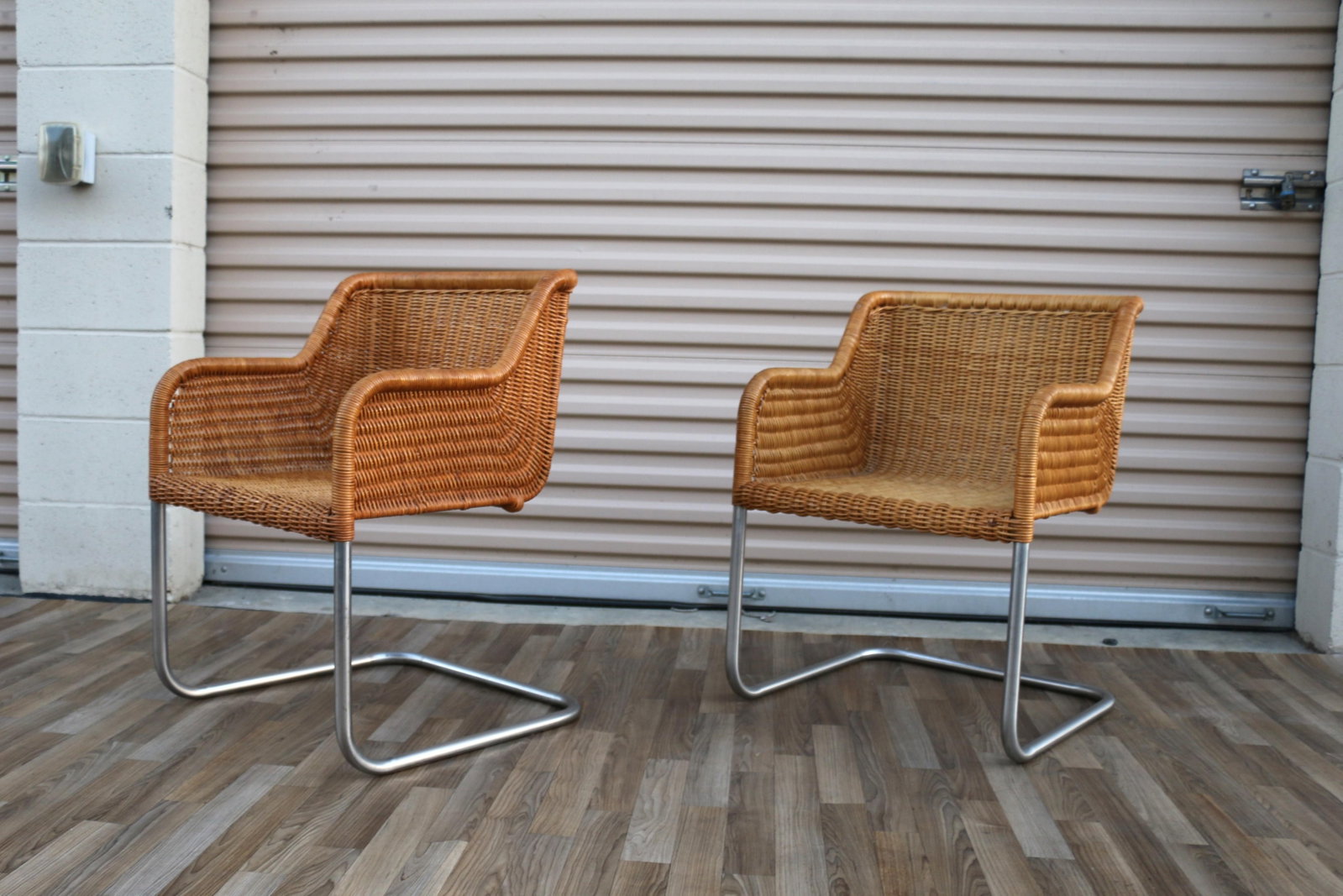 Pair of Vintage Harvey Probber Model D43 Wicker Cantilever Armchairs, 1970s - 2