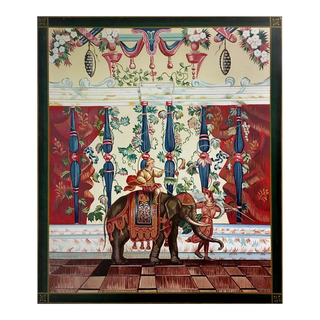 Vintage Hand Painted French Tapestry Painting on Canvas "Indian Elephant": Vintage hand painted French tapestry on canvas penal with Indian elephant. Prince riding on Elephant with Colorful background lead to happiness. Condition: Alterations: Original Condition Unaltered