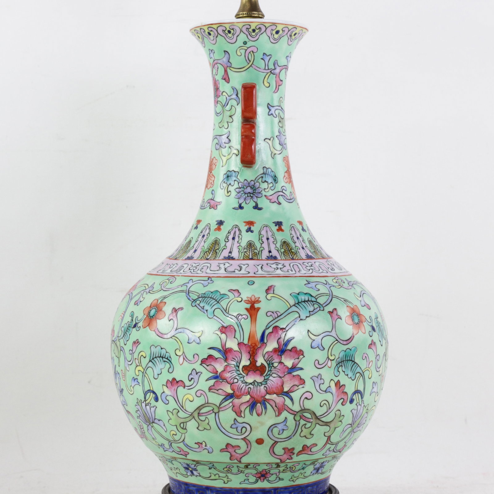 Vintage Chinese Famille Rose Lime Green Porcelain Vase Lamp With Lotus and Peony Scrollwork - 11