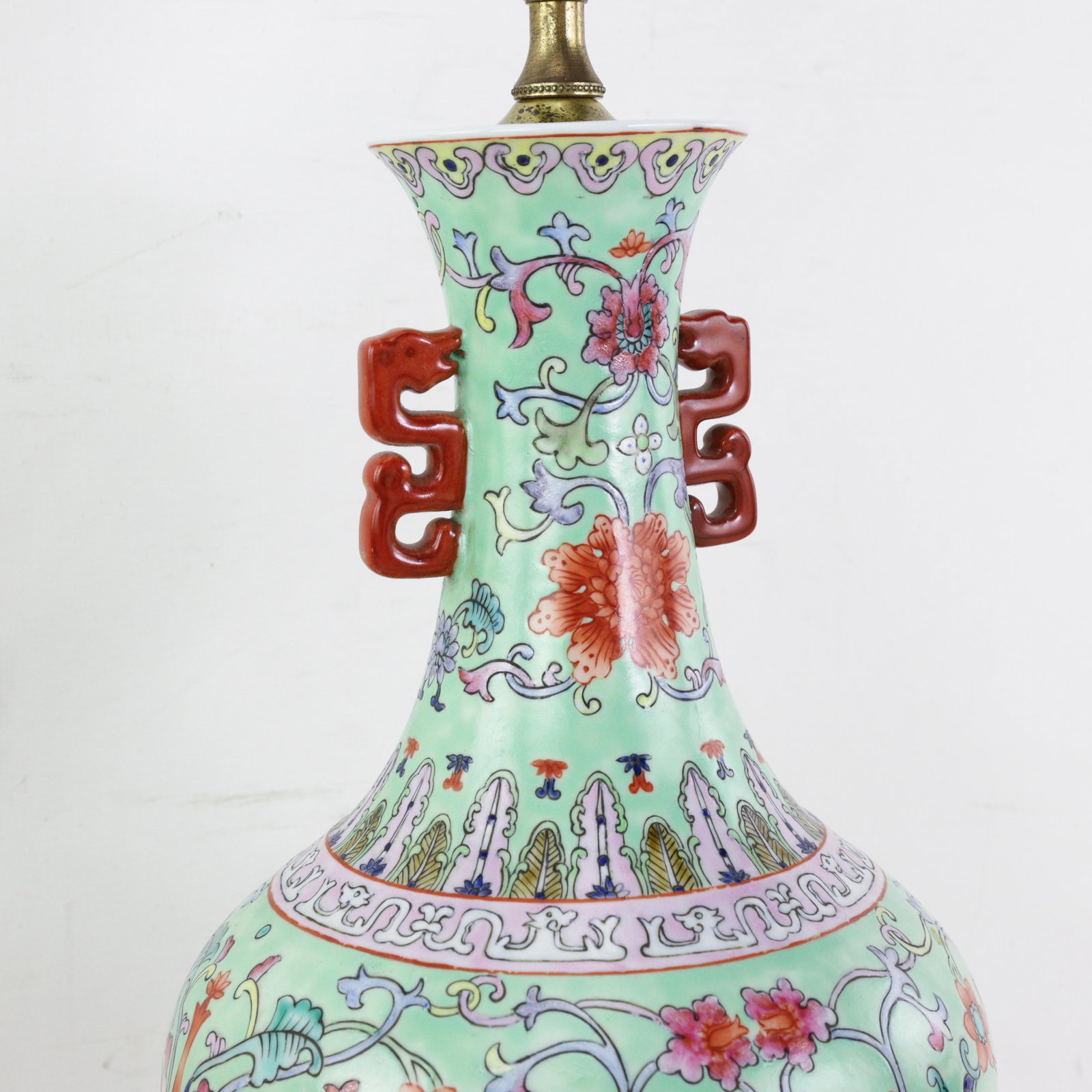 Vintage Chinese Famille Rose Lime Green Porcelain Vase Lamp With Lotus and Peony Scrollwork - 12