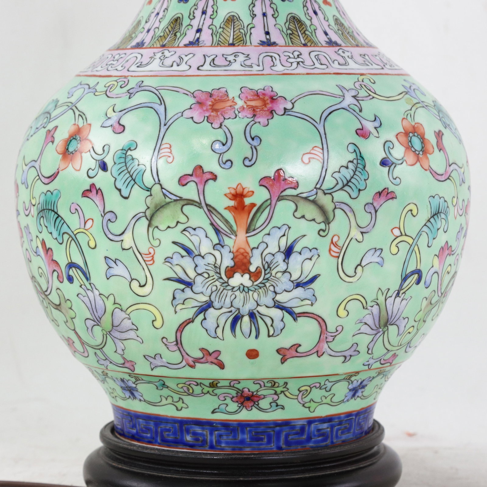 Vintage Chinese Famille Rose Lime Green Porcelain Vase Lamp With Lotus and Peony Scrollwork - 13