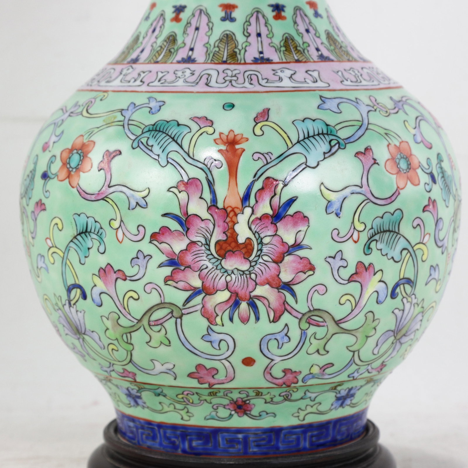 Vintage Chinese Famille Rose Lime Green Porcelain Vase Lamp With Lotus and Peony Scrollwork - 14