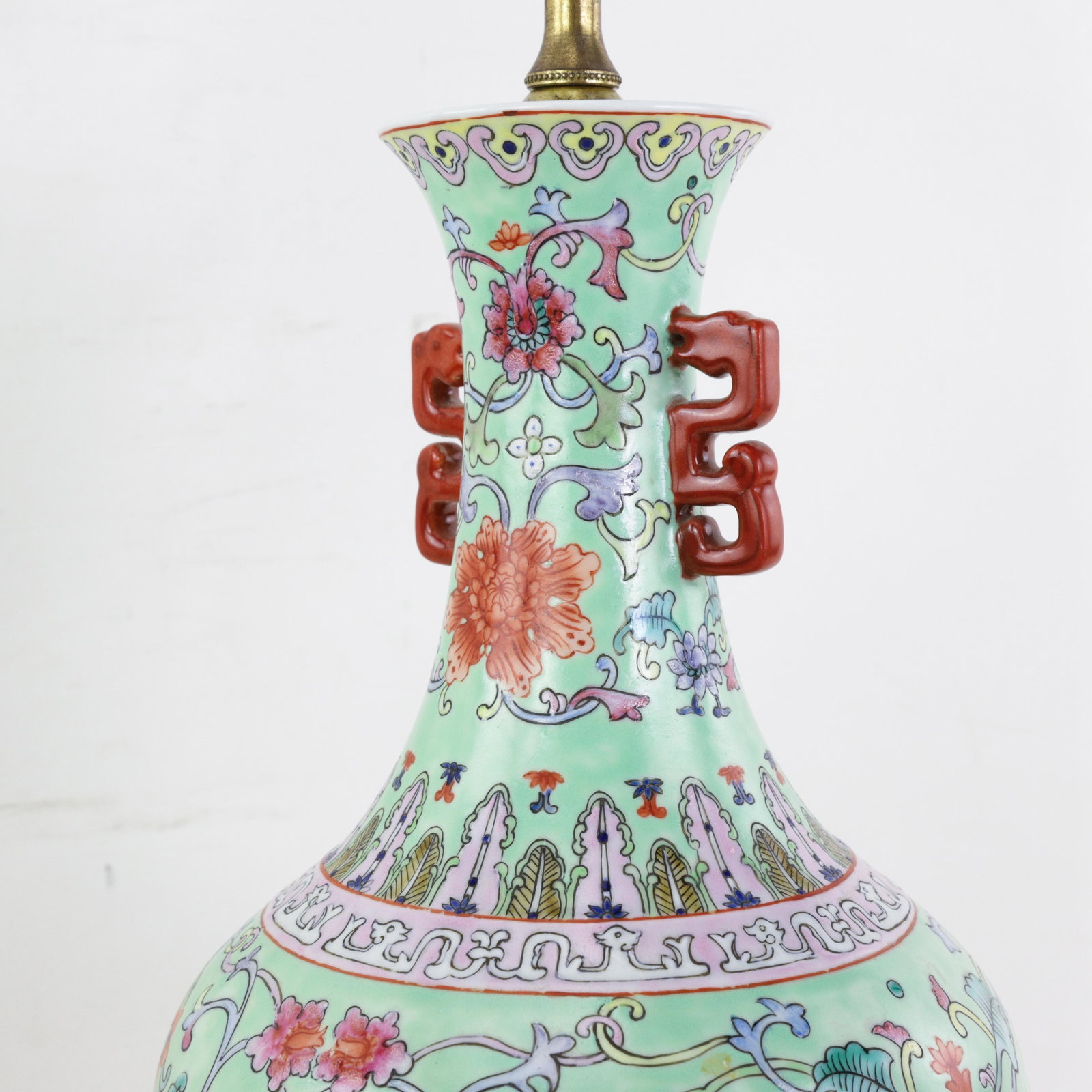 Vintage Chinese Famille Rose Lime Green Porcelain Vase Lamp With Lotus and Peony Scrollwork - 15
