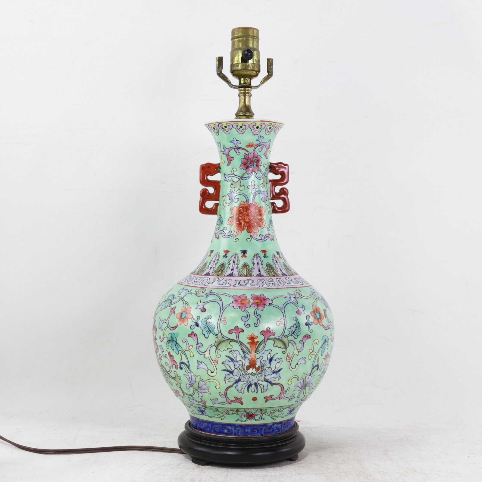 Vintage Chinese Famille Rose Lime Green Porcelain Vase Lamp With Lotus and Peony Scrollwork - 16