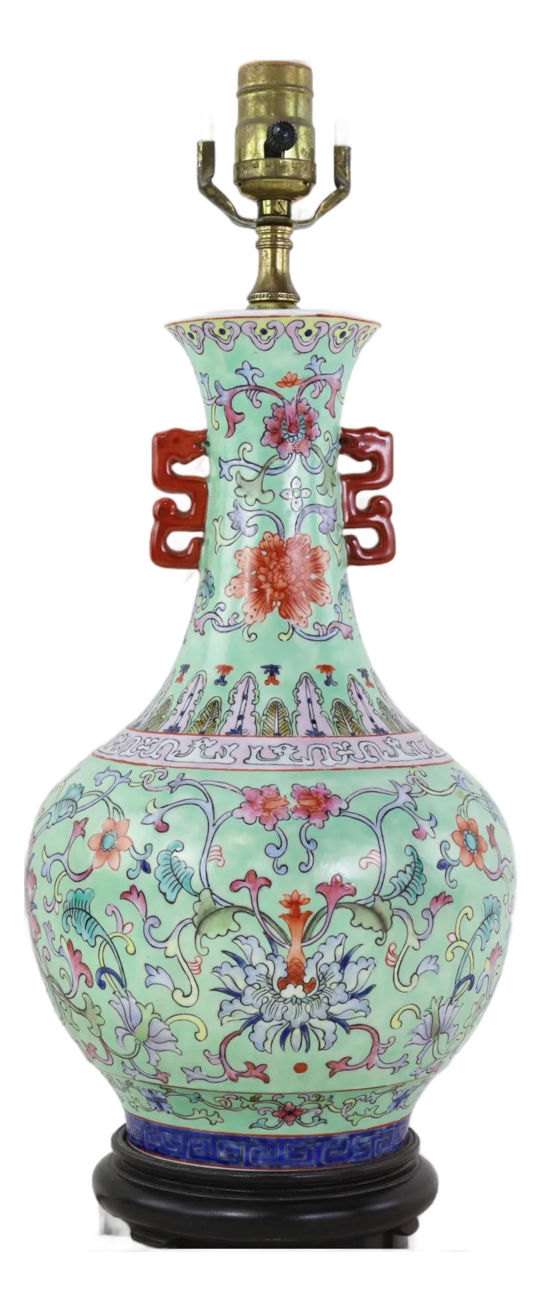 Vintage Chinese Famille Rose Lime Green Porcelain Vase Lamp With Lotus and Peony Scrollwork: This exquisite vintage table lamp is crafted from a stunning Famille Rose porcelain vase, featuring a vibrant lime green ground adorned with intricate hand-painted floral scrollwork. The decorative pr