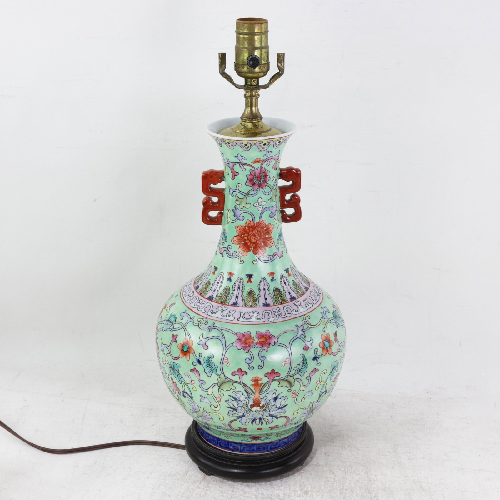 Vintage Chinese Famille Rose Lime Green Porcelain Vase Lamp With Lotus and Peony Scrollwork - 2