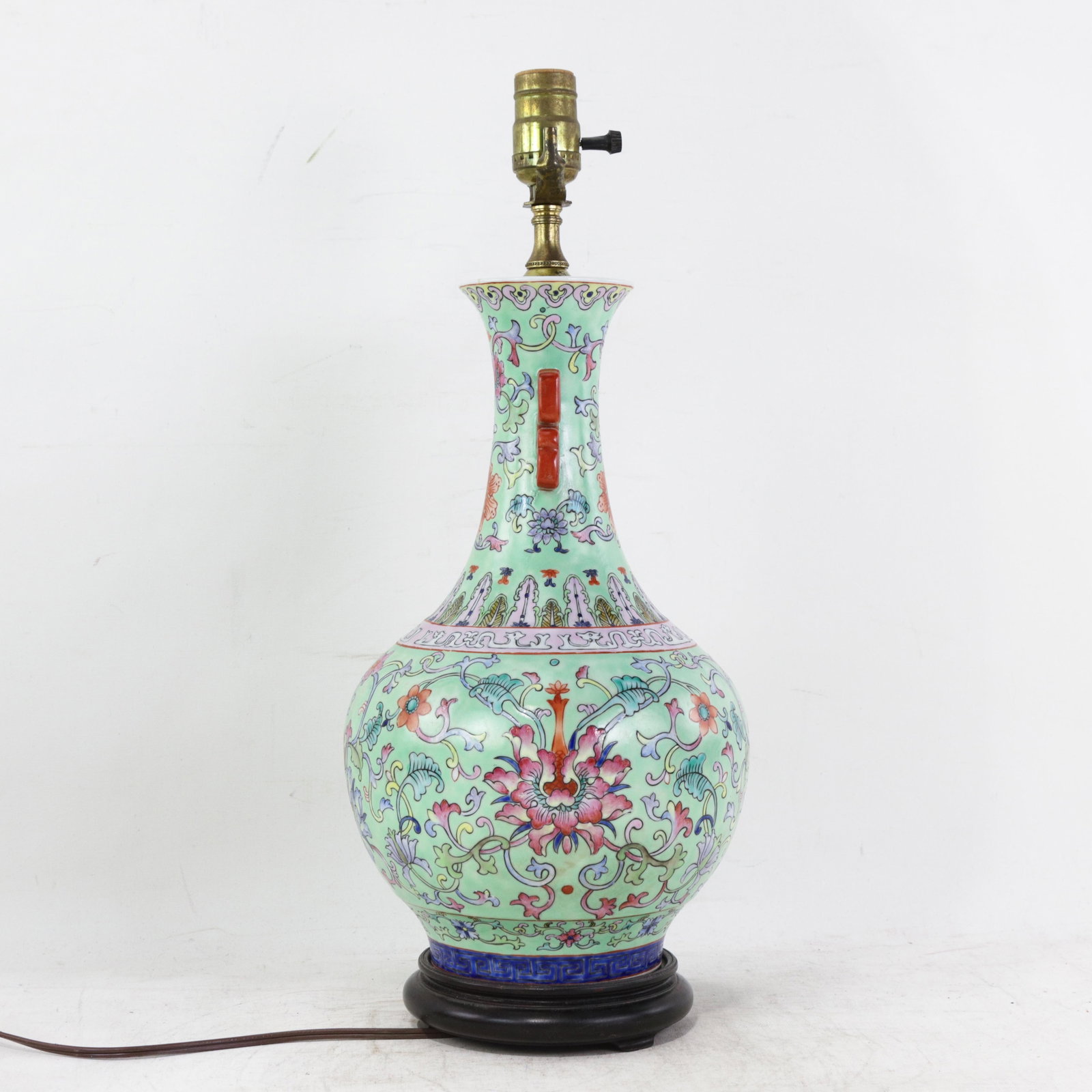 Vintage Chinese Famille Rose Lime Green Porcelain Vase Lamp With Lotus and Peony Scrollwork - 3