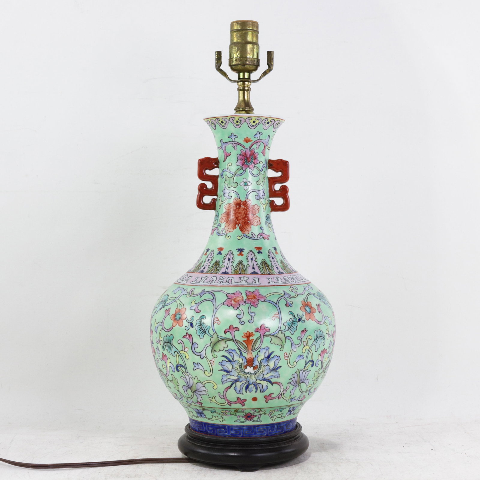Vintage Chinese Famille Rose Lime Green Porcelain Vase Lamp With Lotus and Peony Scrollwork - 4
