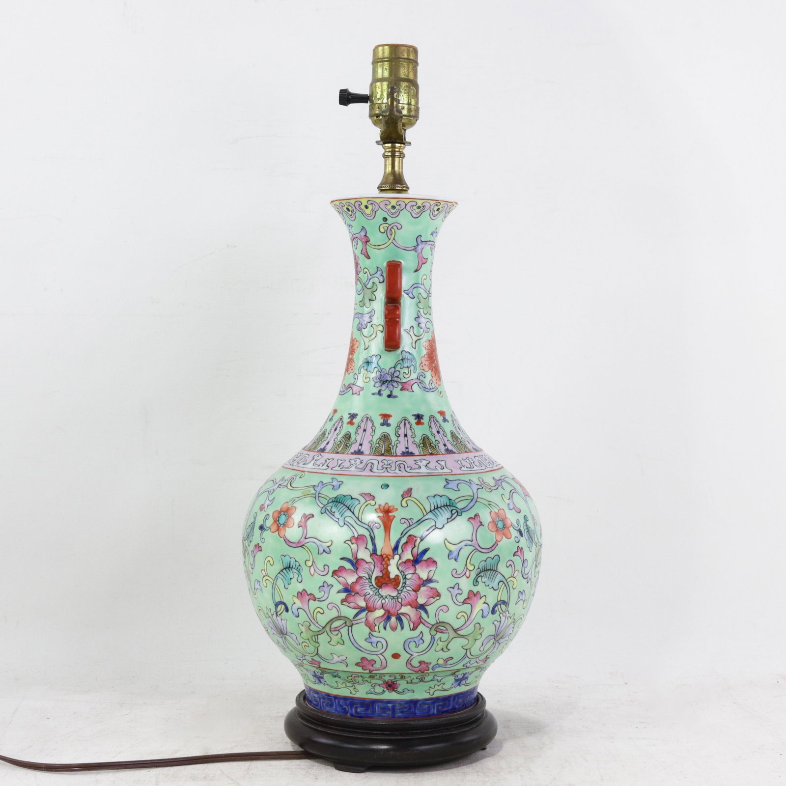 Vintage Chinese Famille Rose Lime Green Porcelain Vase Lamp With Lotus and Peony Scrollwork - 5
