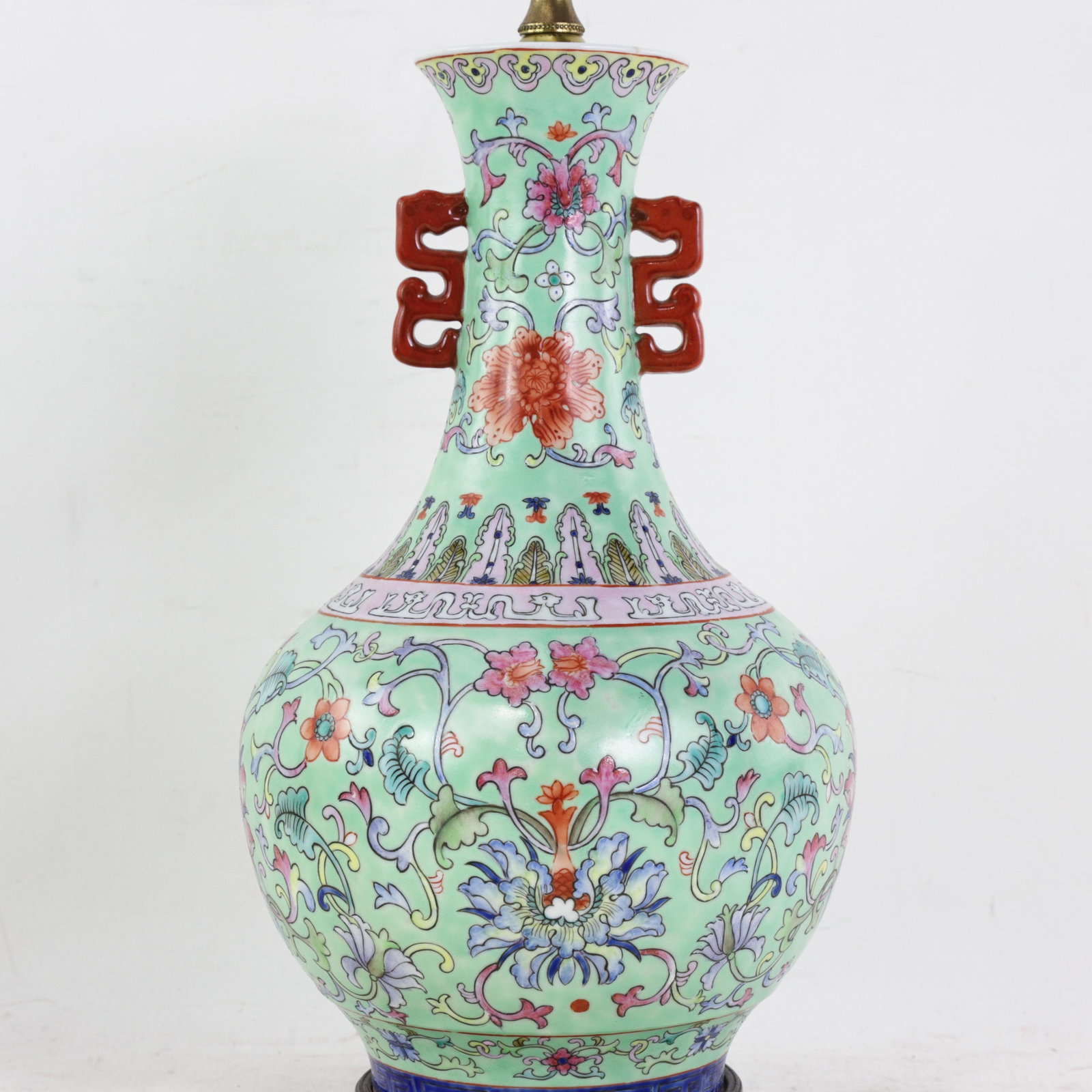 Vintage Chinese Famille Rose Lime Green Porcelain Vase Lamp With Lotus and Peony Scrollwork - 6