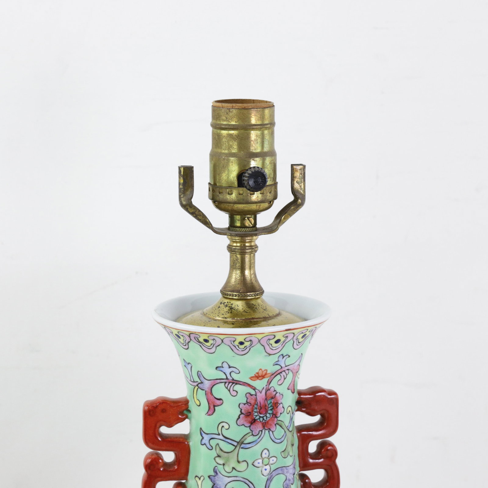 Vintage Chinese Famille Rose Lime Green Porcelain Vase Lamp With Lotus and Peony Scrollwork - 7