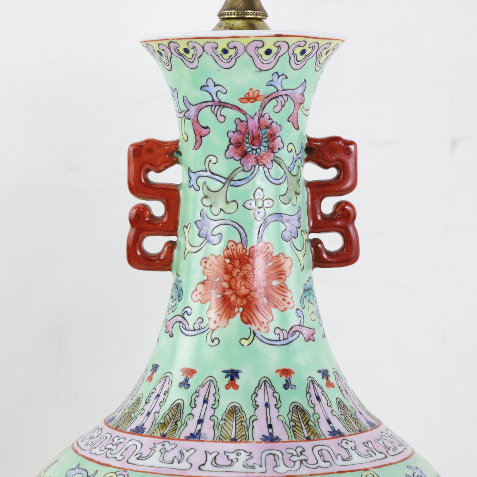 Vintage Chinese Famille Rose Lime Green Porcelain Vase Lamp With Lotus and Peony Scrollwork - 8