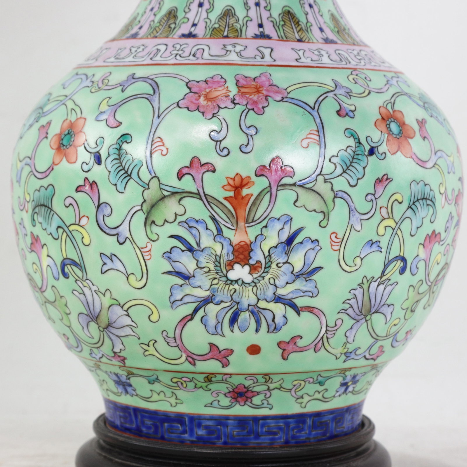 Vintage Chinese Famille Rose Lime Green Porcelain Vase Lamp With Lotus and Peony Scrollwork - 9
