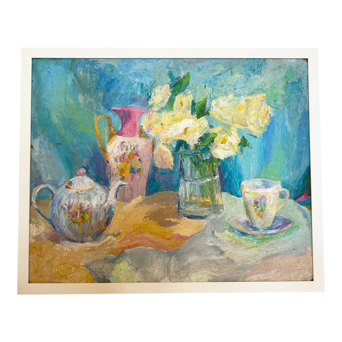Original Romantic Still Life Painting in Gorgeous Pastel Colors: Gorgeous still life painting with flowers in a vase and tea pot with tea cup. Painterly layering of pastel oil paint creates a pulsating lively composition. Unsigned. New white contemporary frame.
