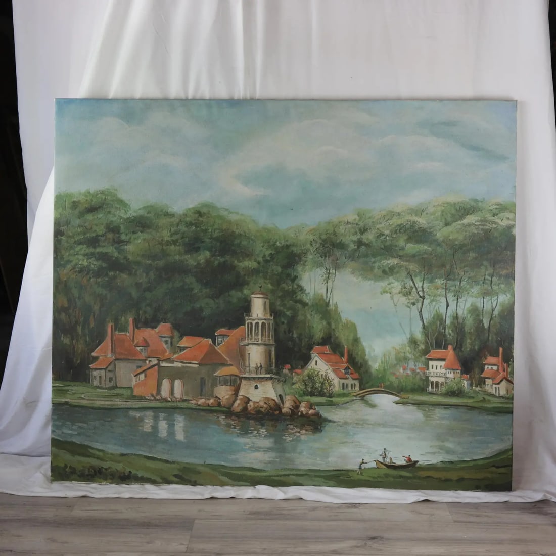 Vintage European Village Oil Painting – Hand-Painted Scenic Landscape Art - 12
