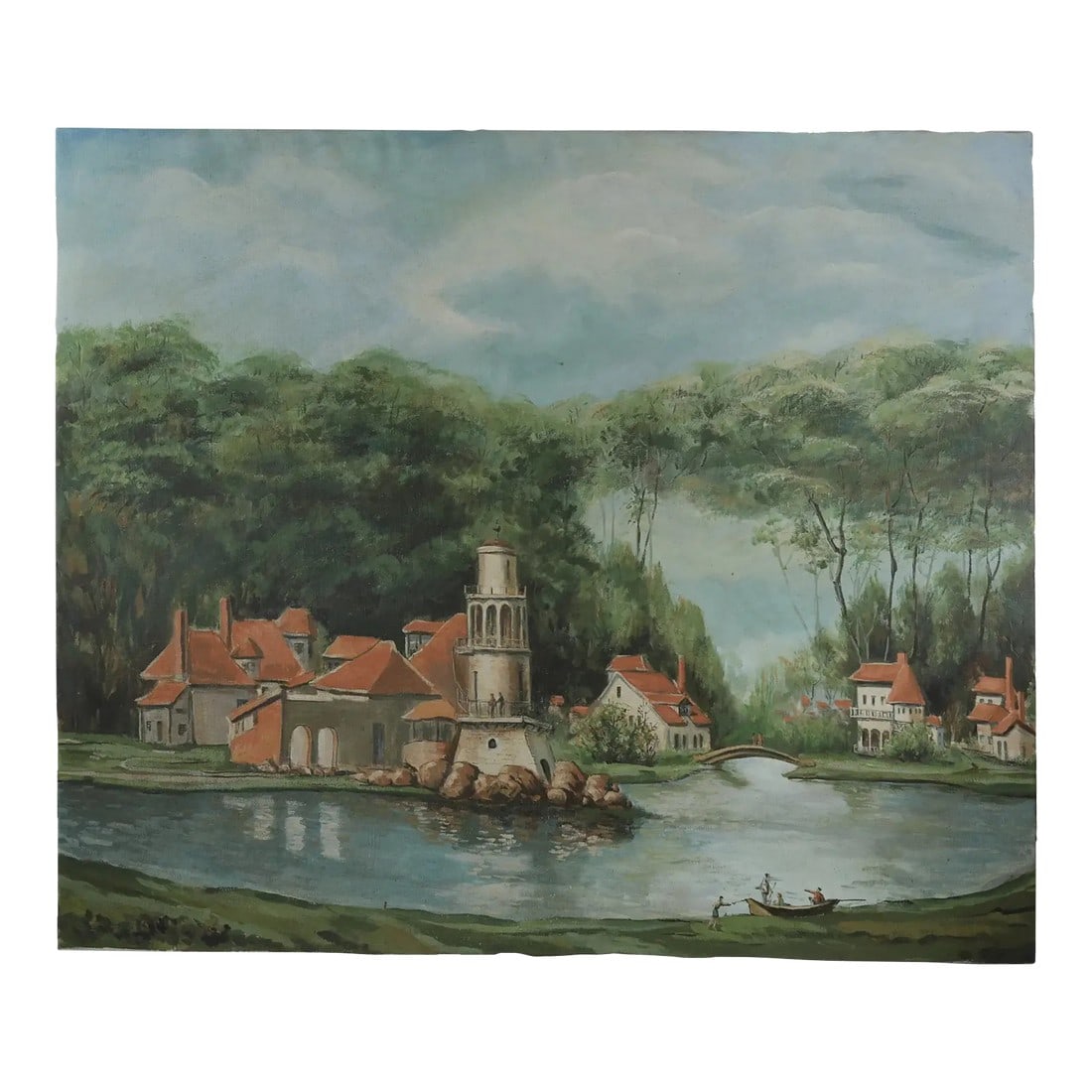 Vintage European Village Oil Painting – Hand-Painted Scenic Landscape Art: Capture the charm of an old-world European village with this stunning vintage oil painting. Hand-painted on canvas, this artwork features a serene riverside scene with classic red-roofed homes, a