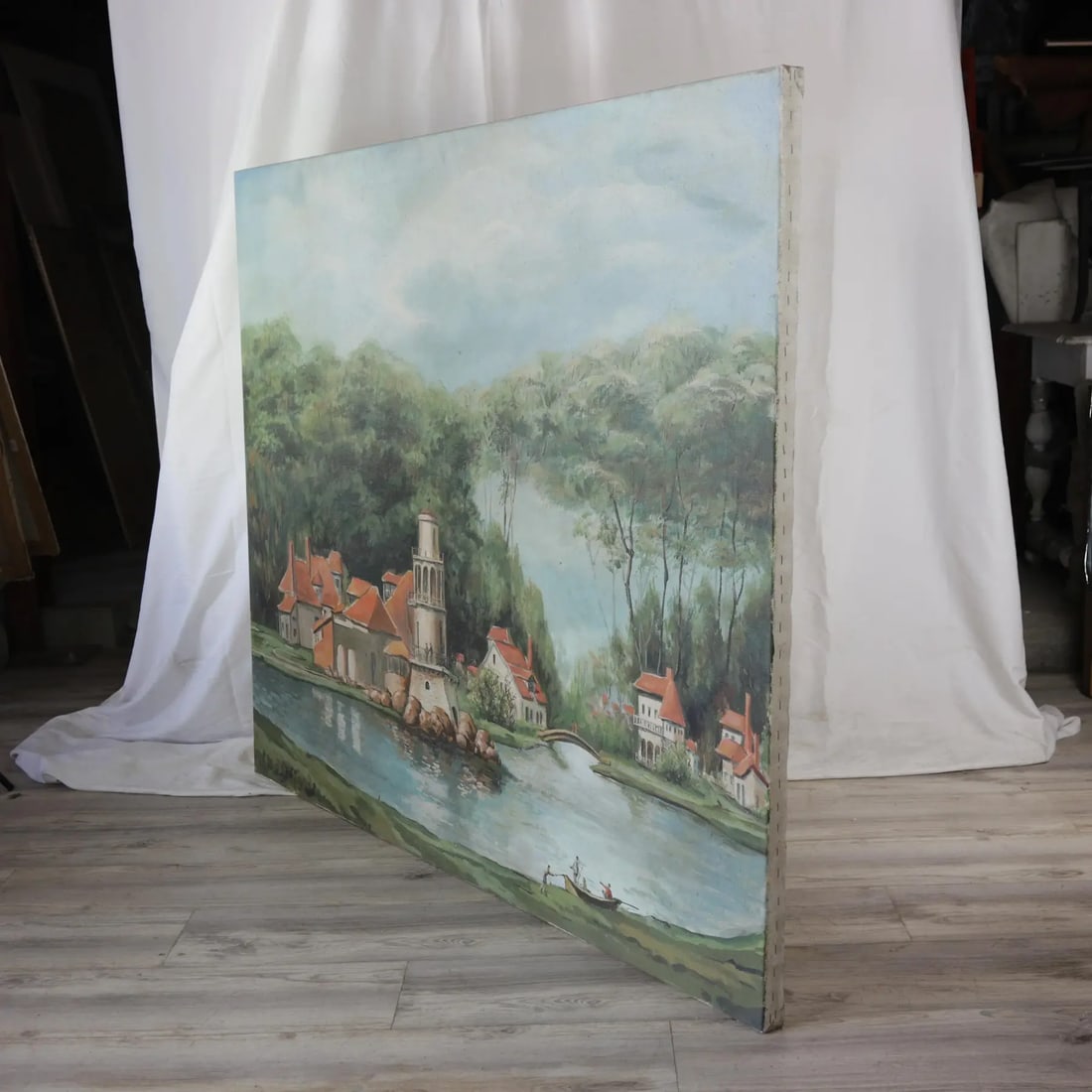 Vintage European Village Oil Painting – Hand-Painted Scenic Landscape Art - 2