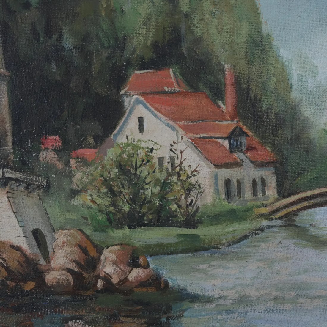 Vintage European Village Oil Painting – Hand-Painted Scenic Landscape Art - 3