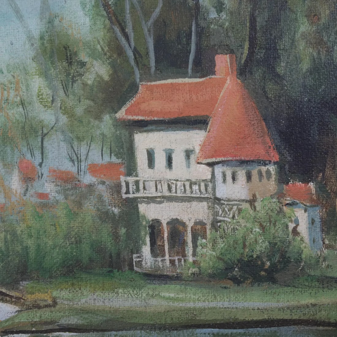 Vintage European Village Oil Painting – Hand-Painted Scenic Landscape Art - 4