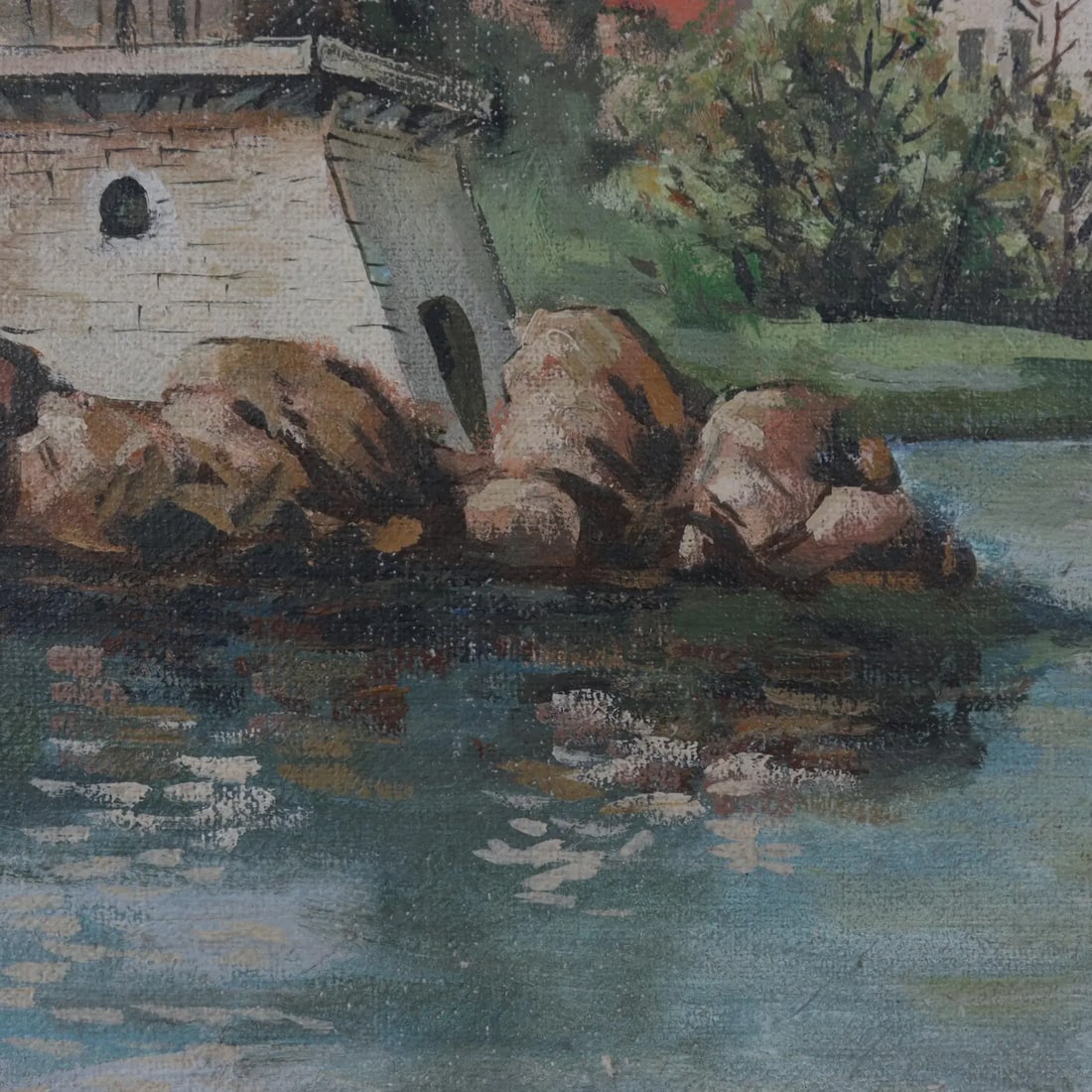 Vintage European Village Oil Painting – Hand-Painted Scenic Landscape Art - 6
