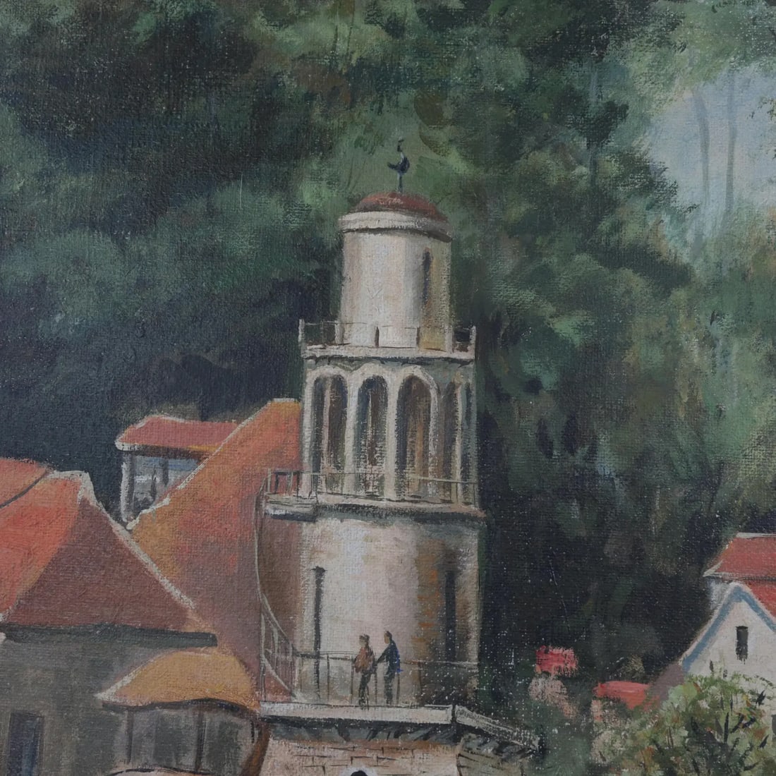 Vintage European Village Oil Painting – Hand-Painted Scenic Landscape Art - 9